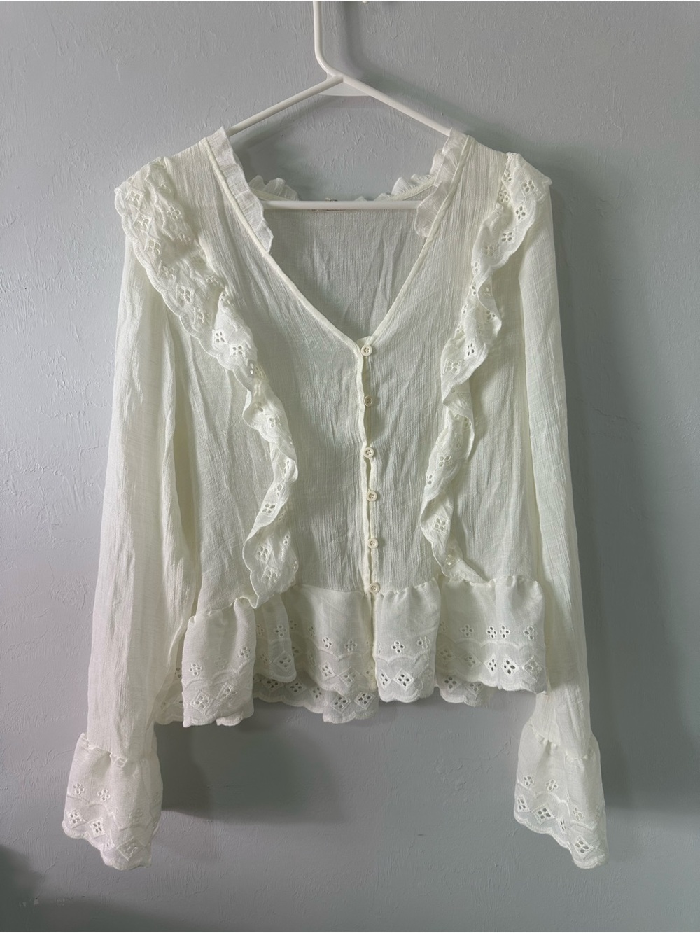 Chelsea & Violet Cream Ruffle Eyelet Button-Down Blouse